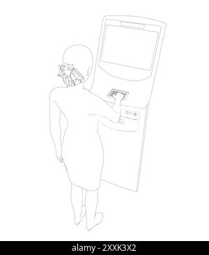 Contour Woman retire de l'argent d'un guichet automatique. Aperçu de la jeune femme utilise terminal. Jeune femme debout à la machine ATM. Illustration vectorielle en style plat Illustration de Vecteur