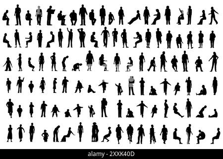 Ensemble avec des silhouettes de personnes dans différentes positions isolées sur fond blanc. Hommes, femmes et enfants marchant, courant, debout, assis. Avant vi Illustration de Vecteur