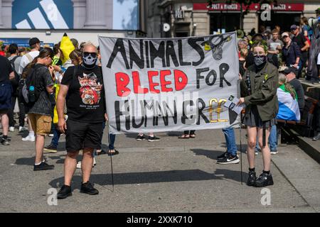 Les militants se rassemblent à Marble Arch pour la marche nationale pour les droits des animaux, qui s'est terminée par un rassemblement sur la place du Parlement. Marble Arch, Londres, Royaume-Uni. 17 août 20 Banque D'Images