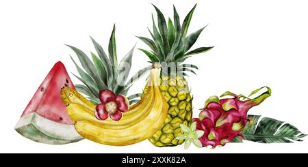 Bordure sans couture de fruits tropicaux. Dessin dessiné à la main de pastèque mûre et ananas et bananes coupés en morceaux. Clip art de fruits exotiques pitaya Banque D'Images