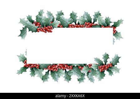 Noël holly rouges baies vertes feuilles vertes modèle de bannière horizontale illustration aquarelle. Cadre rectangulaire Ilex Banque D'Images