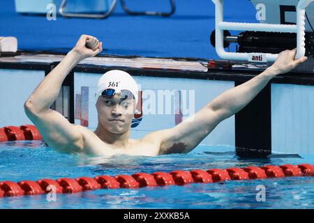 Hefei, province chinoise d'Anhui. 25 août 2024. Sun Yang célèbre après avoir remporté la finale du 400 m nage libre masculin aux Championnats nationaux d'été de natation 2024 à Hefei, dans la province d'Anhui, dans l'est de la Chine, le 25 août 2024. Crédit : du Yu/Xinhua/Alamy Live News Banque D'Images