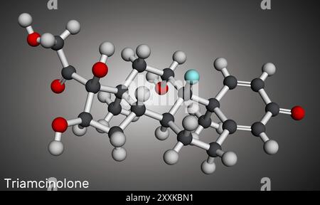 Molécule de triamcinolone glucocorticoïde. Il est utilisé pour traiter une grande variété de conditions inflammatoires. Modèle moléculaire. Rendu 3D. Illustration Banque D'Images