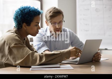Les employés apprenant un nouveau programme d'entreprise travaillent ensemble à l'aide d'un ordinateur portable Banque D'Images