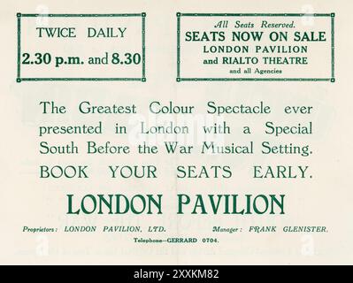 Retour de Flyer pour JAMES B. LOWE apparition personnelle pour une saison au cinéma du pavillon de Londres à partir du lundi 12 décembre 1927 à l'écran dans le rôle-titre dans ONCLE TOM'S CABINE 1927 réalisateur HARRY A. POLLARD histoire Harriet Beecher Stowe film muet avec musique d'effets sonores Hugo Riesenfeld producteur Carl Laemmle Universal Pictures et également apparaissant en direct dans une présentation musicale de scène SOUTH BEFORE THE WAR (1861) avec plus de 40 Spiritual Singers et danseurs Banque D'Images