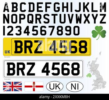 Modèle de plaque d'immatriculation de voiture d'Irlande du Nord, lettres, chiffres et symboles, illustration vectorielle, Royaume-Uni Illustration de Vecteur