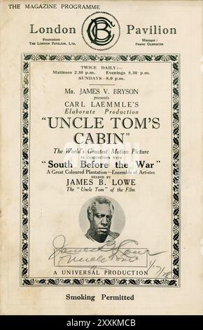 Couverture du programme pour le cinéma du pavillon londonien signé par JAMES B. LOWE faisant une apparition personnelle dans la présentation sur scène SOUTH BEFORE THE WAR (1861) au cinéma pour une saison à partir du 12 décembre 1927 et à l'écran dans le rôle-titre de l'ONCLE TOM'S CABIN 1927 réalisateur HARRY A. POLLARD Story Harriet Beecher Stowe film muet avec musique d'effets sonores Hugo Riesenfeld producteur Carl Laemmle Universal Pictures Banque D'Images