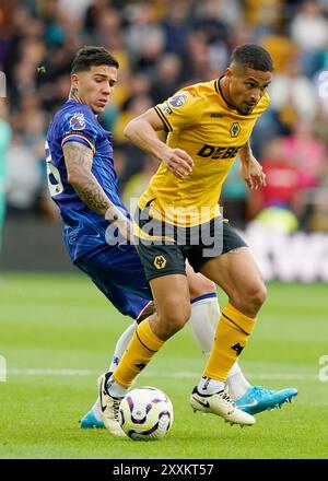 Wolverhampton, Royaume-Uni. 25 août 2024. Enzo Fernández de Chelsea affronte Joao Gomes de Wolverhampton Wanderers lors du match de premier League à Molineux, Wolverhampton. Le crédit photo devrait se lire : Andrew Yates/Sportimage crédit : Sportimage Ltd/Alamy Live News Banque D'Images