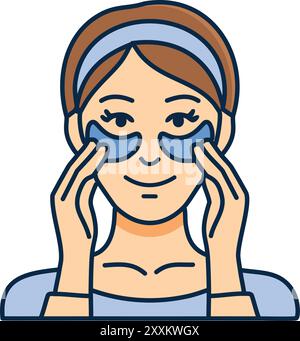 Femme appliquant des patchs oculaires pour les soins de la peau. Une jeune femme applique des patchs oculaires pour les soins de la peau. Elle est souriante et semble heureuse de sa routine beauté. Illustration de Vecteur