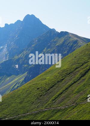 Un majestueux sommet de montagne s'élève au-dessus d'une colline verdoyante, baigné de soleil, soulignant la robustesse et la beauté du paysage naturel. Banque D'Images