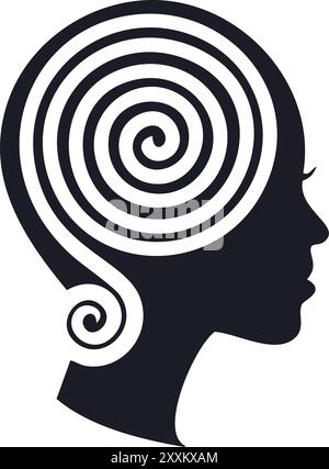 Silhouette de femme avec esprit de spirale. Profil abstrait de la tête féminine avec un motif en spirale à l'intérieur de la tête, symbolisant les pensées, les idées ou l'esprit humain. Illustration de Vecteur