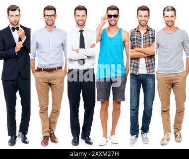 Look parfait dans n'importe quel style. Collage de jeune homme souriant portant des vêtements différents et regardant la caméra tout en se tenant debout sur fond blanc Banque D'Images