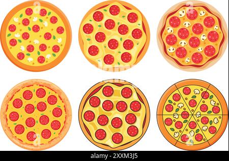 Icônes de pizza dans un style plat. Illustration vectorielle de nourriture pepperoni sur fond isolé. Concept d'entreprise de signe de pizzeria. Illustration de Vecteur