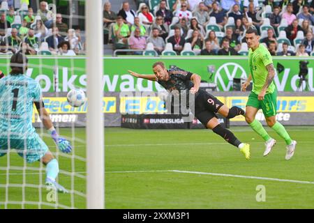 Wolfsburg, Allemagne. . 25 août 2024. Wolfsburg, Allemagne. 25 août 2024. Goalchance Harry KANE (FC Bayern Munich), action, tir, re : Cedric ZESIGER (WOB). Football 1. Bundesliga saison 2024/2025, 1.jour, jour de match 01 VFL Wolfsburg - FC Bayern Munich le 25 août 2024, VOLKSWAGEN ARENA ? Crédit : dpa/Alamy Live News crédit : dpa Picture alliance/Alamy Live News Banque D'Images