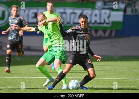 Wolfsburg, Allemagne. . 25 août 2024. Wolfsburg, Allemagne. 25 août 2024. Jamal MUSIALA (FC Bayern Munich), action, duels contre Maximilian ARNOLD (VFL Wolfsburg), football 1ère saison de Bundesliga 2024/2025, 1ère journée, matchday01 VFL Wolfsburg - FC Bayern Munich le 25 août 2024, VOLKSWAGEN ARENA? Crédit : dpa/Alamy Live News crédit : dpa Picture alliance/Alamy Live News Banque D'Images