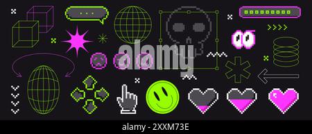 Jeu d'autocollants art pixel Y2K dans un style rétro 8 bits. Sourire, yeux, lignes, coeur d'amour et formes filaires de grille sur fond noir. Formes géométriques pixélisées. Éléments futuristes, figures de brutalisme et étoiles Illustration de Vecteur