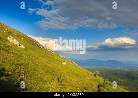 Cette image représente une vue panoramique du paysage vallonné depuis le chemin menant à Šiljak sur la montagne Rtanj Banque D'Images