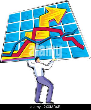 Composition isométrique du financement de trading de bourse avec le caractère de l'homme courant jusqu'à l'illustration vectorielle de flèche Illustration de Vecteur