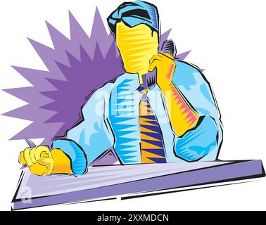 Icône isométrique avec un employé de bureau occupé parlant au téléphone illustration vectorielle 3d Illustration de Vecteur