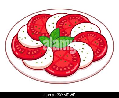 Dessin de dessin animé de salade Caprese, cuisine italienne classique. Tranches de tomate et de mozzarella avec feuille de basilic. Illustration clip art vectorielle dessinée à la main. Illustration de Vecteur