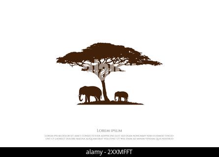 Silhouette africaine d'arbre d'acacia avec éléphant pour Safari sauvage ou vecteur de conception de logo de conservation Illustration de Vecteur