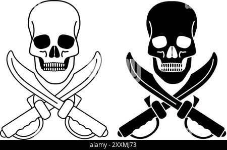 Crâne de pirate avec épées croisées ou cutlass en noir et blanc isolé sur fond blanc Illustration de Vecteur