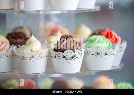 Swirly Multi Flavor et de nombreux cupcakes dans des tasses en dentelle blanche fantaisie. chocolat, vanille rasberry Banque D'Images