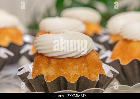 Cupcake à la vanille avec glaçage tourbillonnant à la vanille sur le dessus dans la tasse à gâteau noire tasse gros plan Banque D'Images