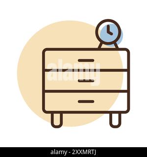 Commode de chevet et icône de vecteur d'alarme d'horloge. Panneau de coffre de tiroir. Symbole graphique pour meubles, conception de site Web et d'applications, logo, application, interface utilisateur Illustration de Vecteur