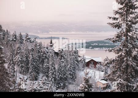 Neige dans les bois près de l'hôtel Scandic Holmenkollen, Oslo, Norvège - vue sur Oslofjord Banque D'Images