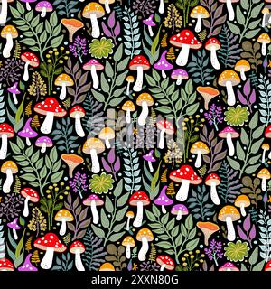 Demi-goutte Seamless Pattern de champignons avec des chapeaux lumineux, des herbes et des feuilles sur fond noir. Conception de papier peint pour textiles, tissus, papiers, impressions de mode, emballages, couvercles. Illustration de Vecteur