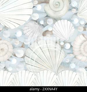 Modèle sans couture avec bordure de coquillages et de perles de mer blanches, illustration d'aquarelle. Clipart de palourdes d'océan dessiné à la main pour des conceptions nautiques et balnéaires dans des couleurs pastel délicates. Banque D'Images