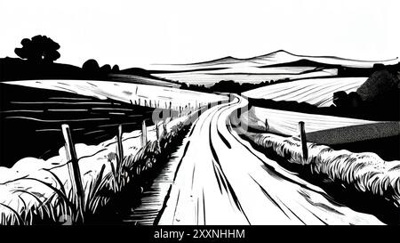 Route à travers une ferme. Paysage rural. Route à travers une illustration de style croquis de ferme. Ferme. Route. Esquisse. Illustration de Vecteur