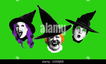 Trois sorcières aux visages émotionnels effrayants, sur fond vert vif, capturant le plaisir et le chaos. Collage d'art contemporain. Banque D'Images