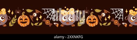 Adorable art d'Halloween avec citrouilles gaies, chaudrons et une variété de décorations festives à apprécier Illustration de Vecteur