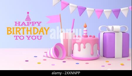 gâteau d'anniversaire 3d. Carte-cadeau de fête heureuse, éléments de texte de célébration et de salutation, confettis de couleur amusants. Rendre des éléments roses mignons isolés. Boîte cadeau, guirlande et dessert de fête avec bougie. Arrière-plan vectoriel Illustration de Vecteur