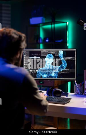 Ingénieur logiciel discutant avec une IA sensible devenant superintelligente, gagnant une forme humanoïde, saluant son créateur. INFORMATICIEN parlant avec une intelligence artificielle consciente transcendant, agitant Banque D'Images