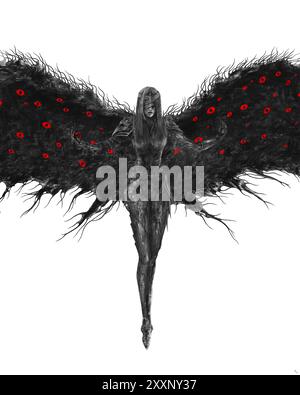 Fille en armure avec des ailes, illustration d'horreur sombre, yeux rouges Banque D'Images
