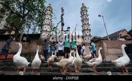 Mumbai, Inde. 25 août 2024. MUMBAI, INDE - AOÛT 25 : Govinda révélateur de Pimpleshwar Mitra Mandal forme une pyramide humaine tout en pratiquant pour le prochain festival hindou de 'dahi Handi' à Banganga, Walkeshwar, le 25 août 2024 à Mumbai, Inde. (Photo par Anshuman Poyrekar/Hindustan Times/Sipa USA ) crédit : Sipa USA/Alamy Live News Banque D'Images