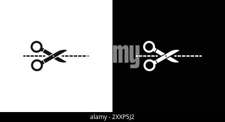 Ciseaux avec l'icône de lignes de coupe vecteur d'art de ligne noire en noir et blanc contour set signe de collection Illustration de Vecteur