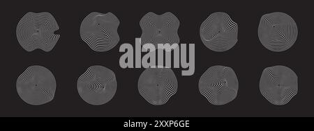 Cercles concentriques ondulés blancs sur fond noir. Icônes de pulsation, de son ou d'ondulation. Signes d'onde sonore cyberpunk. Symboles dynamiques, de mouvement ou de flux. Tendance Illustration de Vecteur
