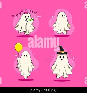 Temps de magasinage. Les fantômes mignons avec chapeaux de sorcière magasinent pour les ventes et les réductions, apportant une ambiance ludique et effrayante aux achats d'Halloween. Art contemporain Illustration de Vecteur