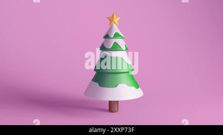 Sapin de Noël stylisé avec des branches couvertes de neige et une étoile dorée sur le dessus, sur fond rose vif. Idéal pour les fêtes et les vacances Banque D'Images
