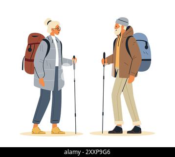 Randonneurs trekking avec sacs à dos et bâtons de marche. Deux personnes habillées dans un stand d'équipement extérieur se faisant face sur un fond blanc Illustration de Vecteur