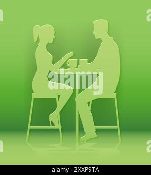 Couple assis à des silhouettes de style coupé de papier de table dans la conversation avec des tasses à café sur fond vert Illustration de Vecteur