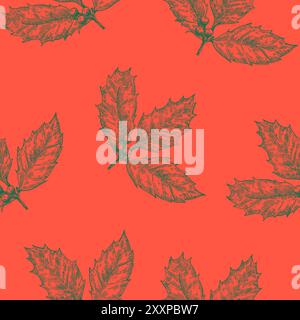 Motif sans couture de Noël avec feuilles de houx. Illustration vectorielle monochrome dans le style de gravure. Illustration de Vecteur