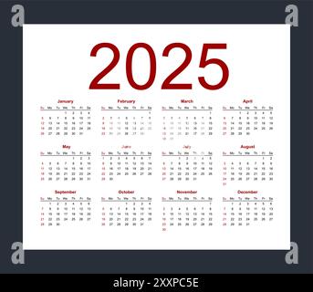 Modèle de calendrier pour l'année 2025. La semaine commence le dimanche. Illustration vectorielle isolée sur fond blanc. Illustration de Vecteur