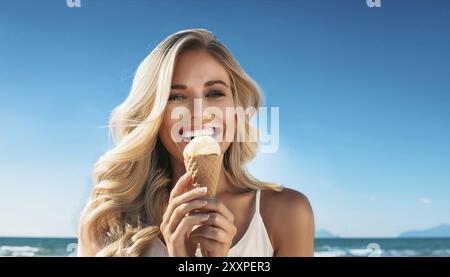 Une femme blonde aime manger une glace dans un cône Banque D'Images