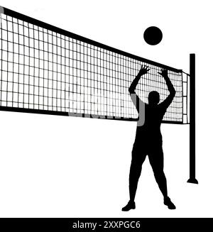 Joueur de volley-ball avec filet comme silhouette découpée sur blanc Banque D'Images