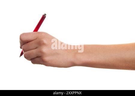 Elle écrivit à la plume. Isolé sur blanc Banque D'Images